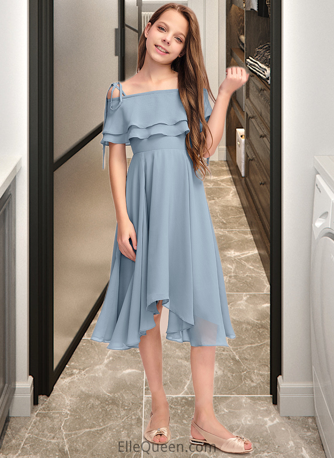 Chloe A-Line Off-the-Shoulder Asymmetrical Chiffon Junior Bridesmaid Dress With Cascading Ruffles DGP0013420