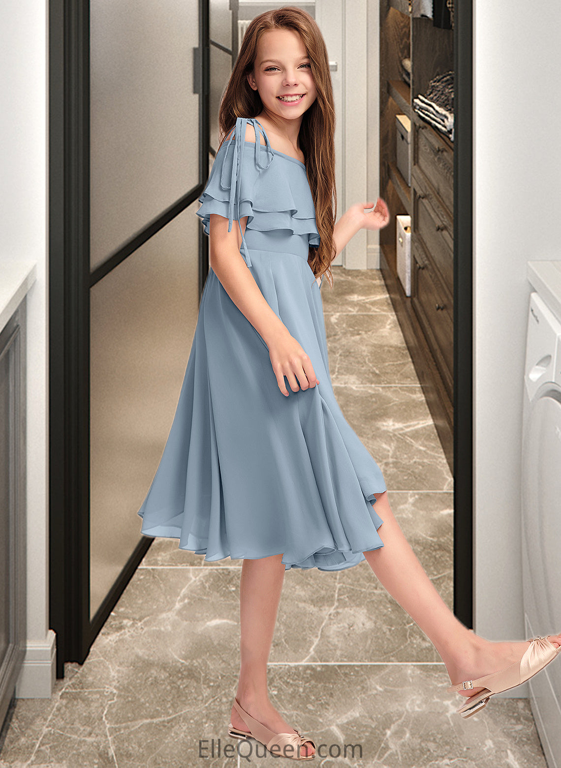 Chloe A-Line Off-the-Shoulder Asymmetrical Chiffon Junior Bridesmaid Dress With Cascading Ruffles DGP0013420