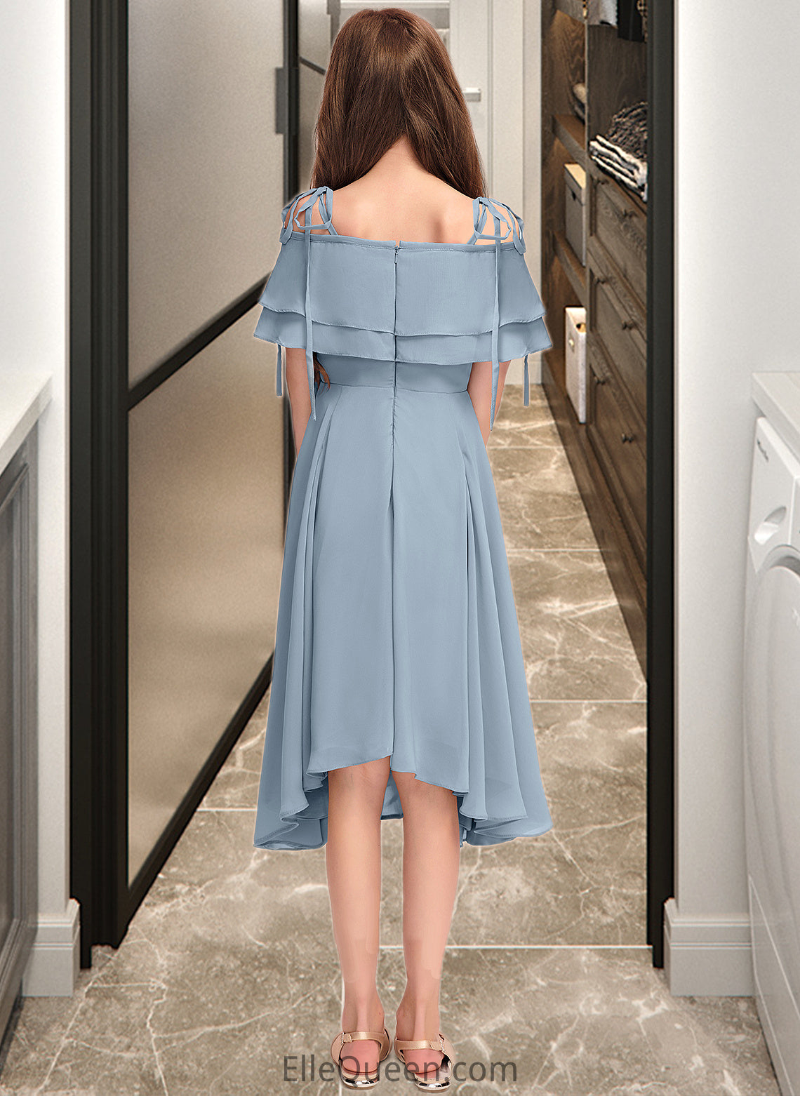 Chloe A-Line Off-the-Shoulder Asymmetrical Chiffon Junior Bridesmaid Dress With Cascading Ruffles DGP0013420