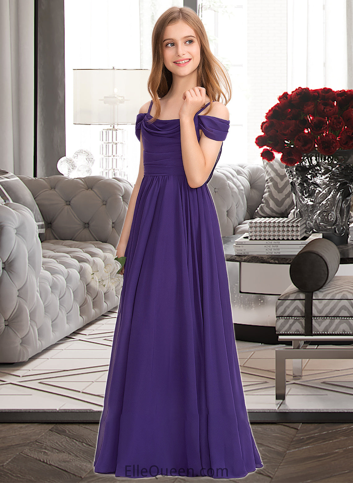 Elle A-Line Off-the-Shoulder Floor-Length Chiffon Junior Bridesmaid Dress With Ruffle DGP0013421