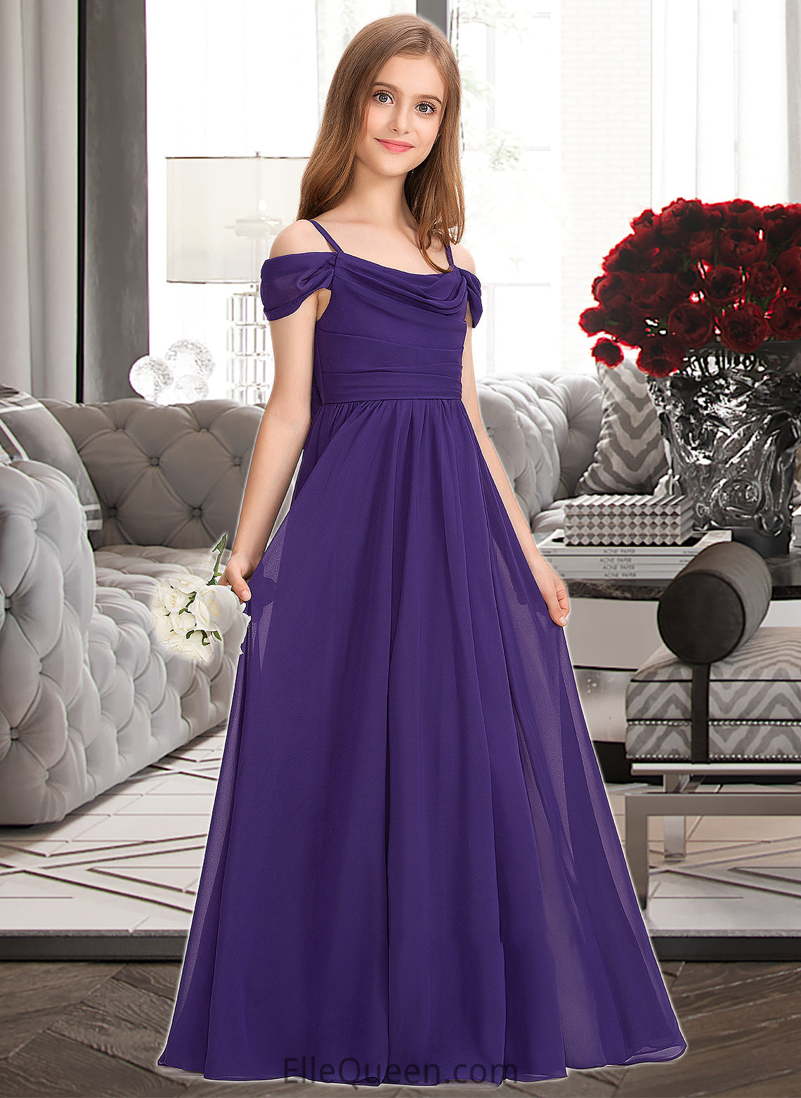 Elle A-Line Off-the-Shoulder Floor-Length Chiffon Junior Bridesmaid Dress With Ruffle DGP0013421