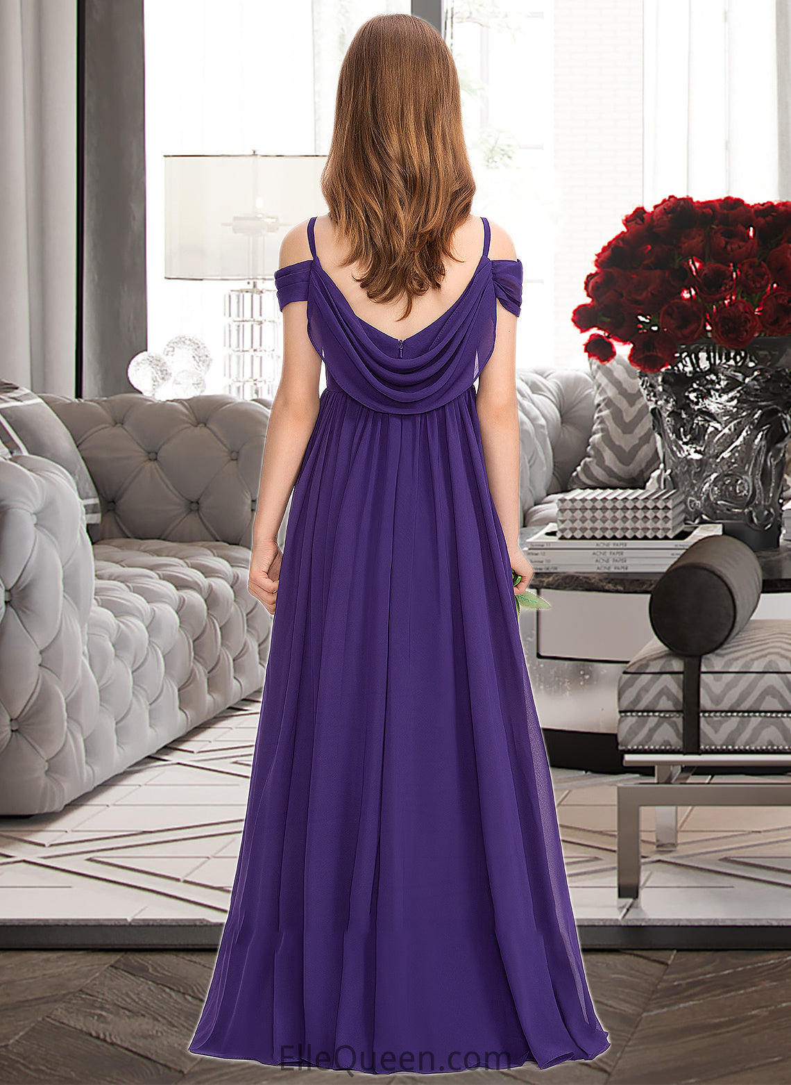 Elle A-Line Off-the-Shoulder Floor-Length Chiffon Junior Bridesmaid Dress With Ruffle DGP0013421