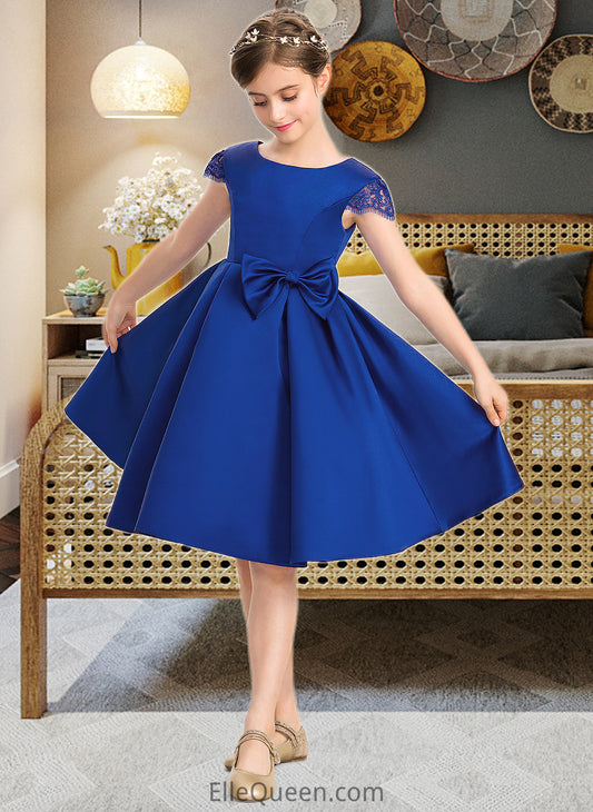 Lainey A-Line Scoop Neck Knee-Length Satin Junior Bridesmaid Dress With Lace Bow(s) DGP0013422