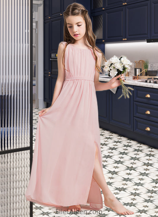 Charlee A-Line Scoop Neck Floor-Length Chiffon Junior Bridesmaid Dress With Ruffle Split Front DGP0013425