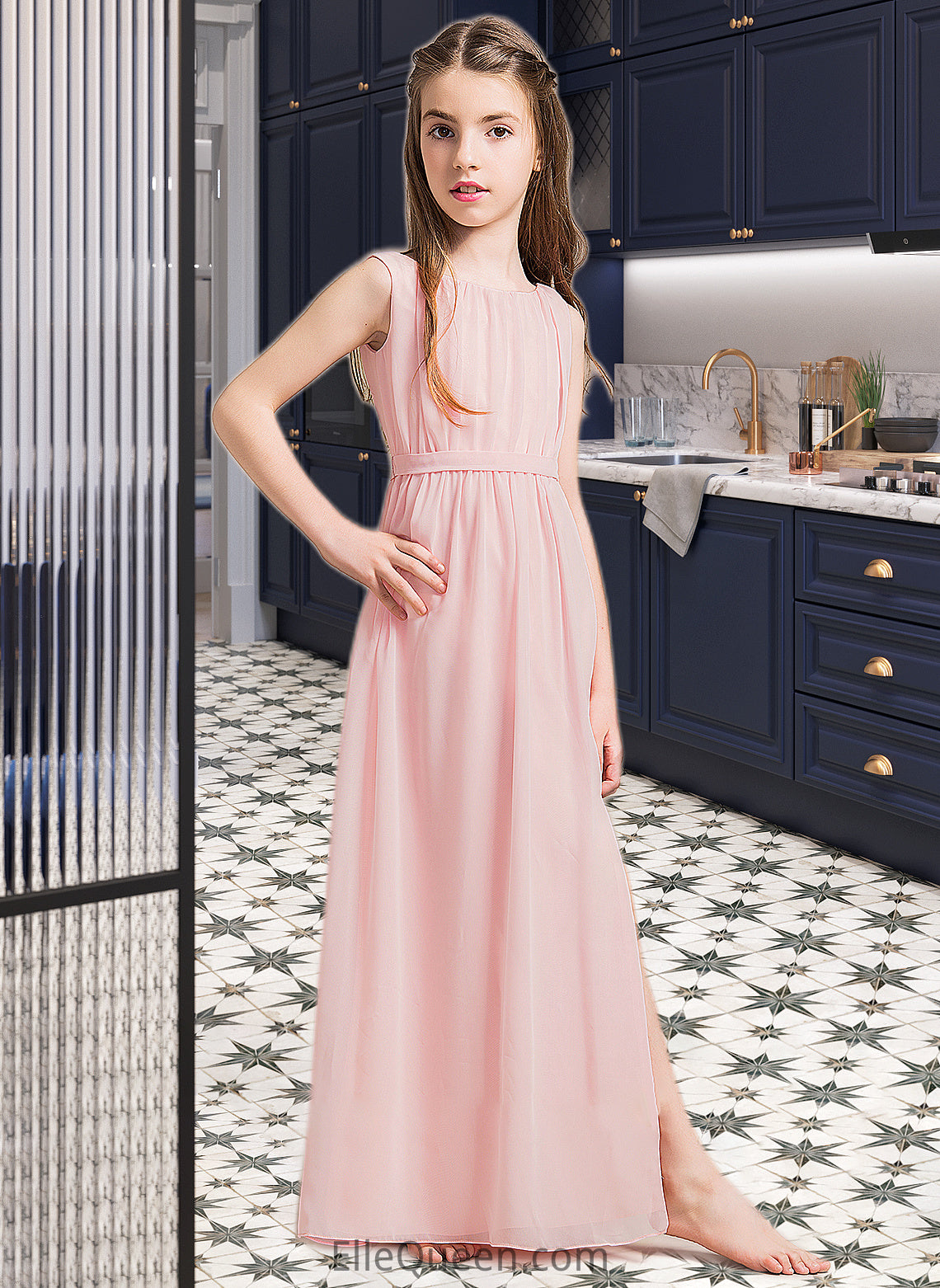 Charlee A-Line Scoop Neck Floor-Length Chiffon Junior Bridesmaid Dress With Ruffle Split Front DGP0013425