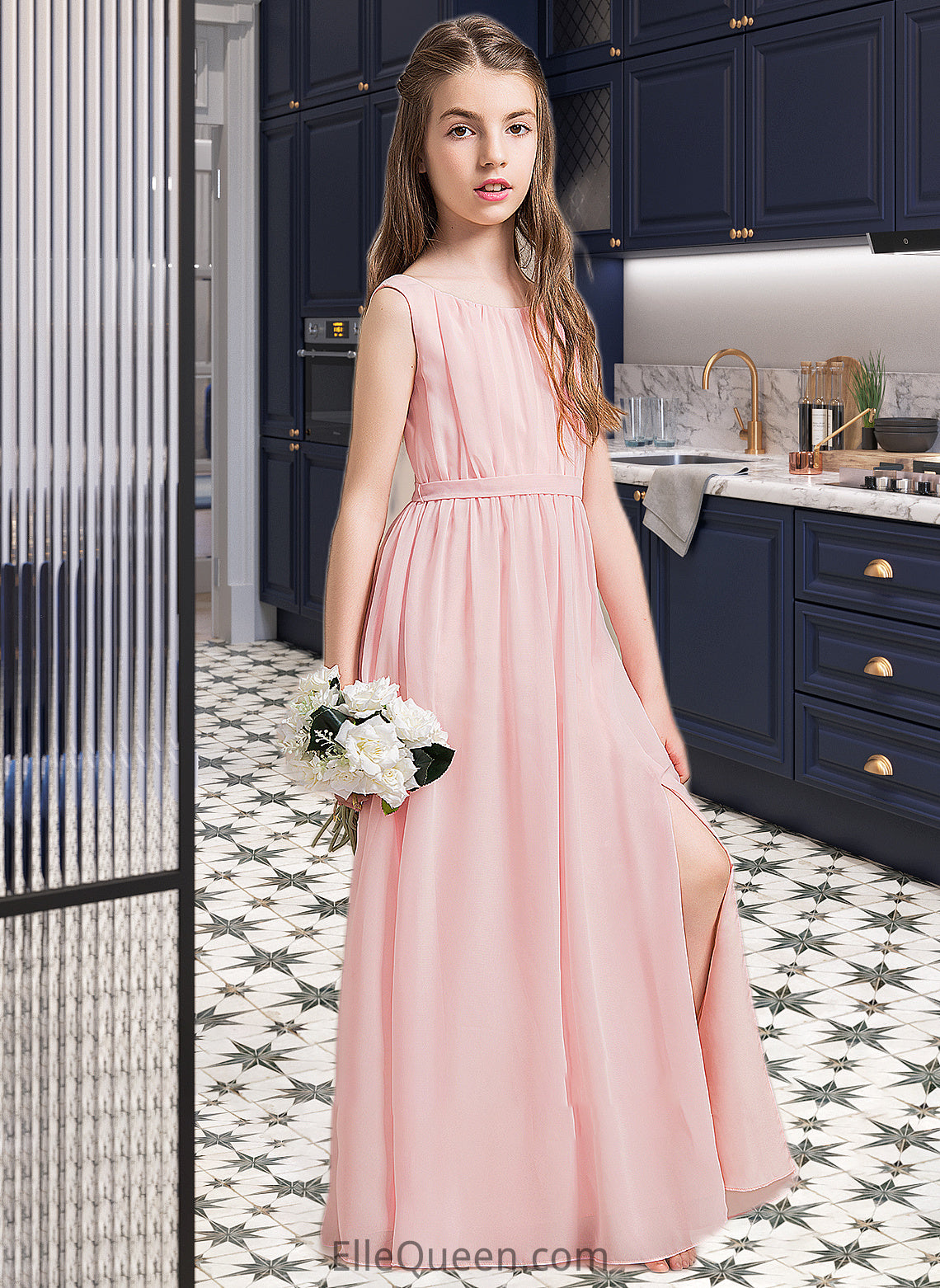 Charlee A-Line Scoop Neck Floor-Length Chiffon Junior Bridesmaid Dress With Ruffle Split Front DGP0013425