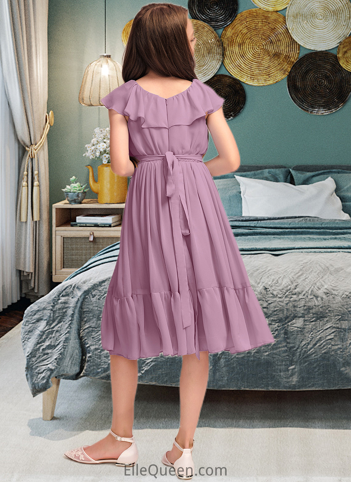 Norah A-Line Scoop Neck Knee-Length Chiffon Junior Bridesmaid Dress With Bow(s) Cascading Ruffles DGP0013426