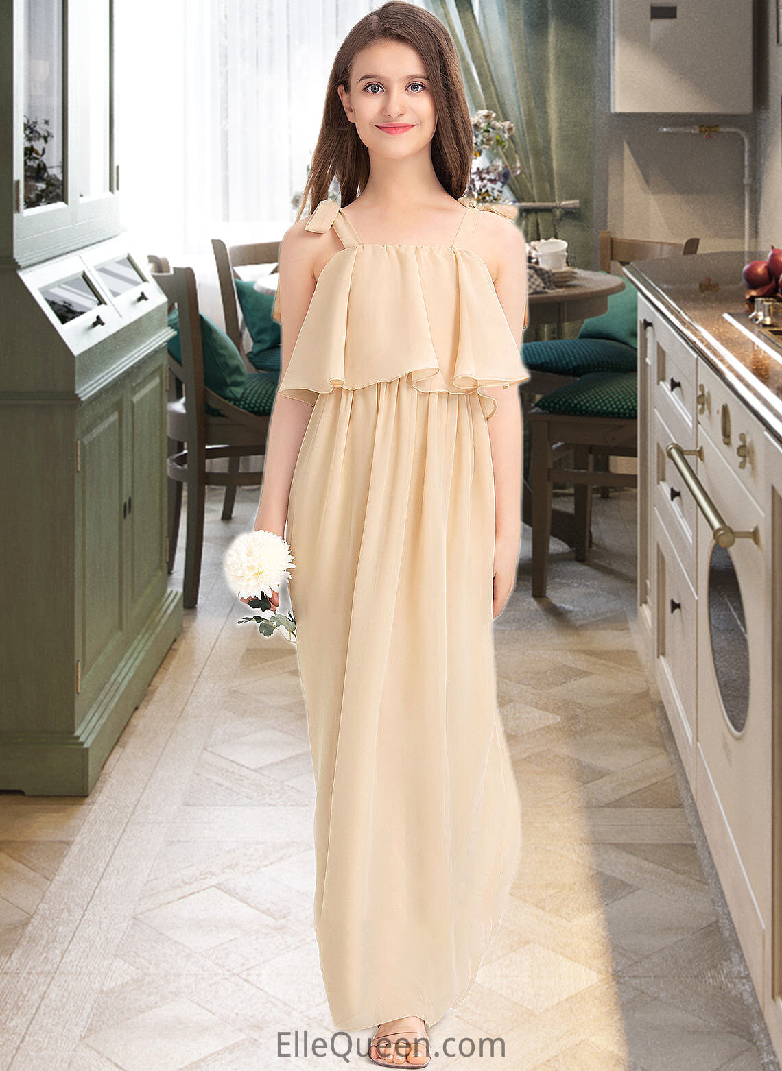 Alisha A-Line Square Neckline Floor-Length Chiffon Junior Bridesmaid Dress With Bow(s) Cascading Ruffles DGP0013428