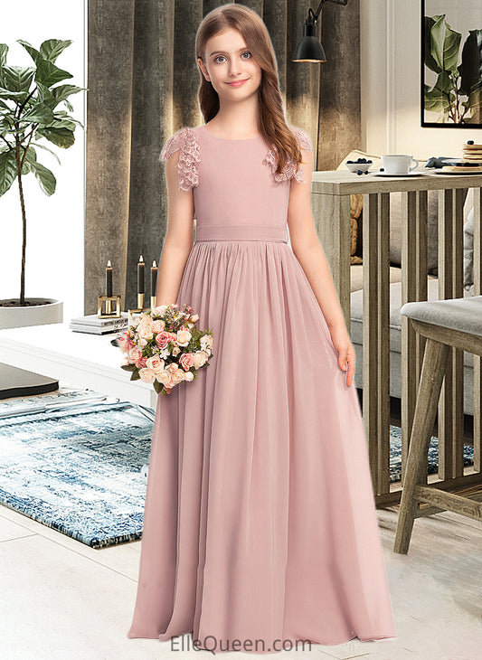 Amanda A-Line Scoop Neck Floor-Length Chiffon Lace Junior Bridesmaid Dress With Bow(s) DGP0013429