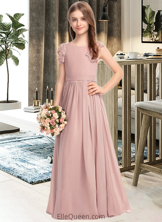 Amanda A-Line Scoop Neck Floor-Length Chiffon Lace Junior Bridesmaid Dress With Bow(s) DGP0013429