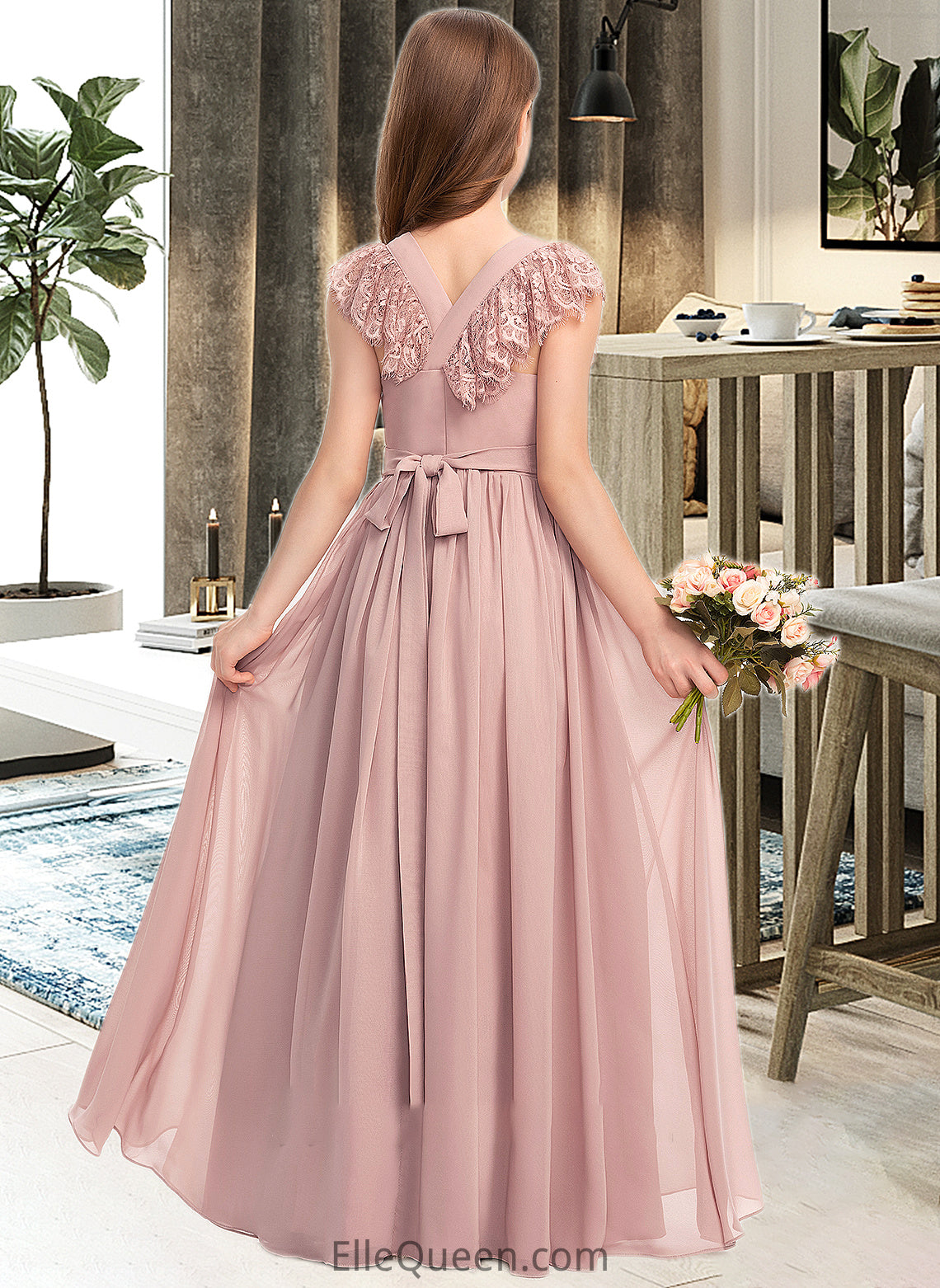 Amanda A-Line Scoop Neck Floor-Length Chiffon Lace Junior Bridesmaid Dress With Bow(s) DGP0013429