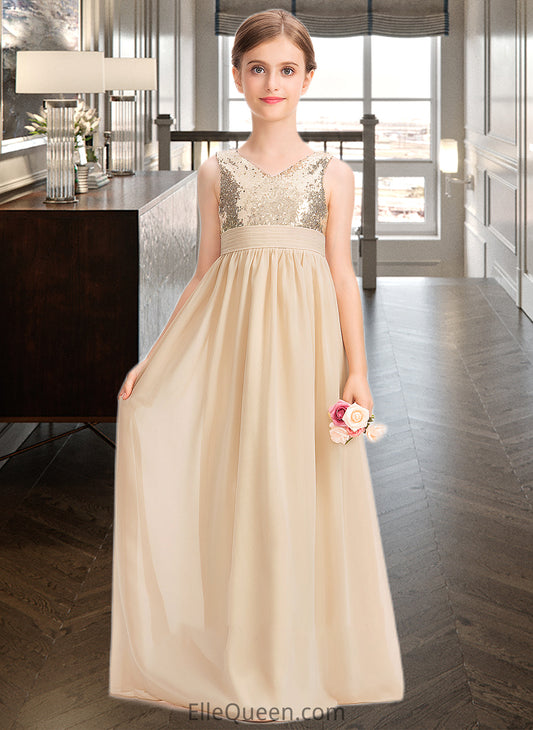 Nita A-Line V-neck Floor-Length Chiffon Sequined Junior Bridesmaid Dress With Ruffle DGP0013430