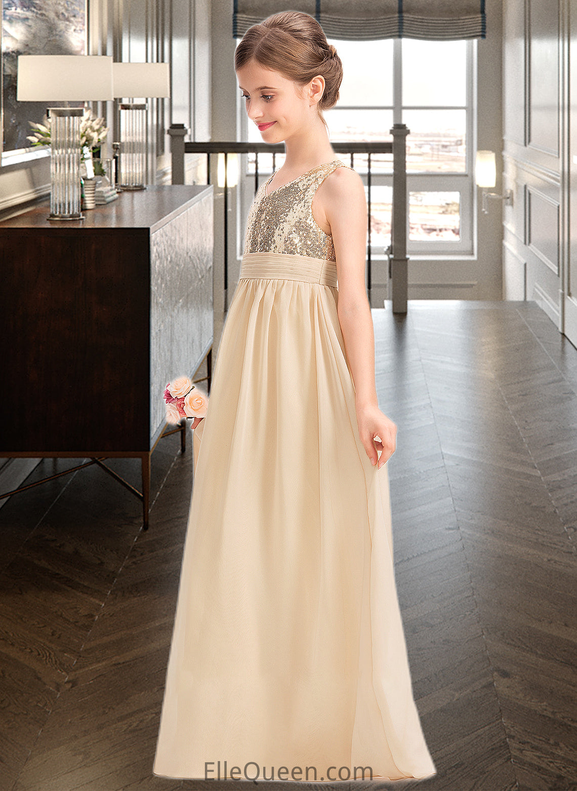 Nita A-Line V-neck Floor-Length Chiffon Sequined Junior Bridesmaid Dress With Ruffle DGP0013430