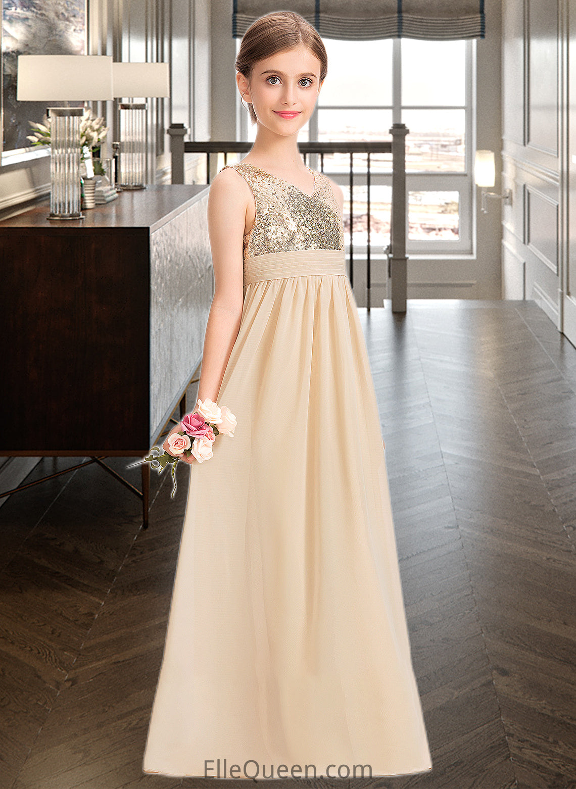 Nita A-Line V-neck Floor-Length Chiffon Sequined Junior Bridesmaid Dress With Ruffle DGP0013430