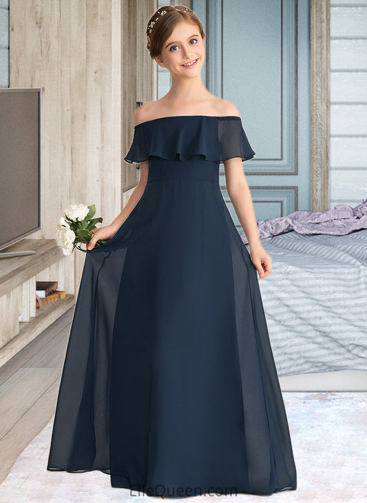 Sophronia A-Line Off-the-Shoulder Floor-Length Chiffon Junior Bridesmaid Dress With Cascading Ruffles DGP0013431