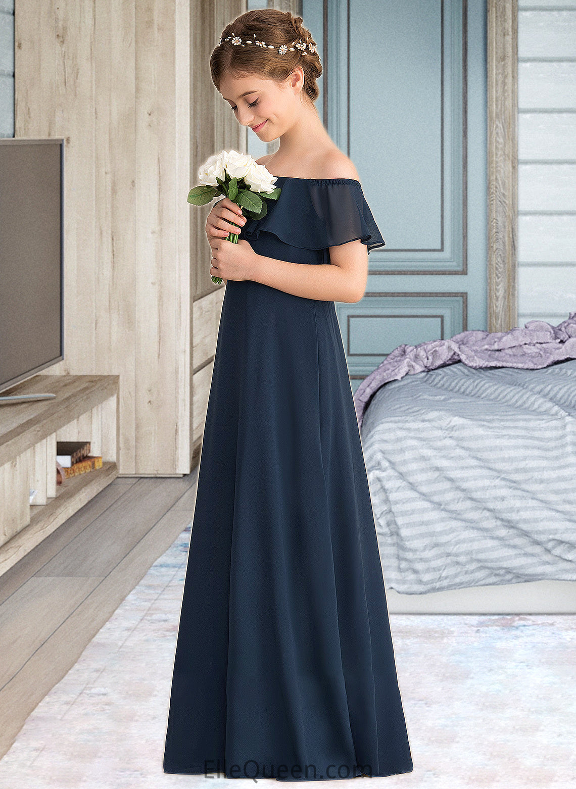 Sophronia A-Line Off-the-Shoulder Floor-Length Chiffon Junior Bridesmaid Dress With Cascading Ruffles DGP0013431