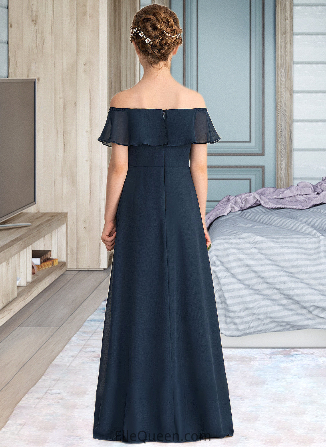 Sophronia A-Line Off-the-Shoulder Floor-Length Chiffon Junior Bridesmaid Dress With Cascading Ruffles DGP0013431