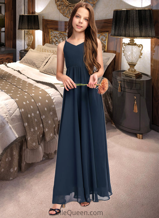 Hailie A-Line V-neck Floor-Length Chiffon Junior Bridesmaid Dress With Bow(s) DGP0013432