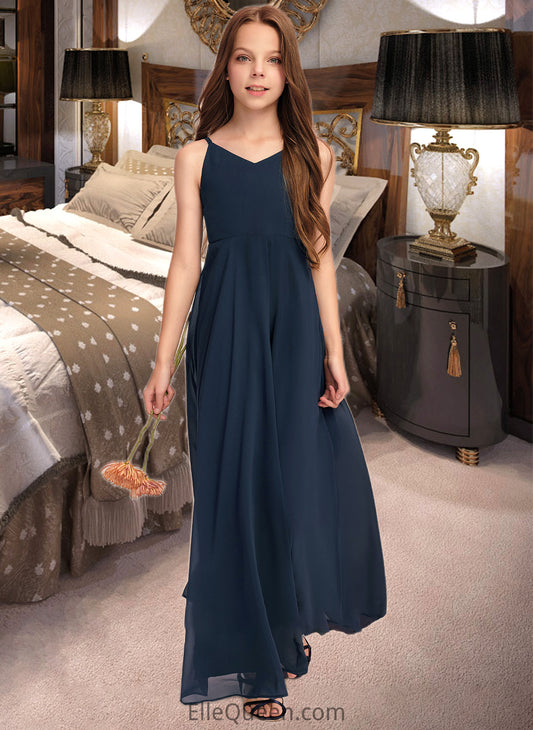 Hailie A-Line V-neck Floor-Length Chiffon Junior Bridesmaid Dress With Bow(s) DGP0013432