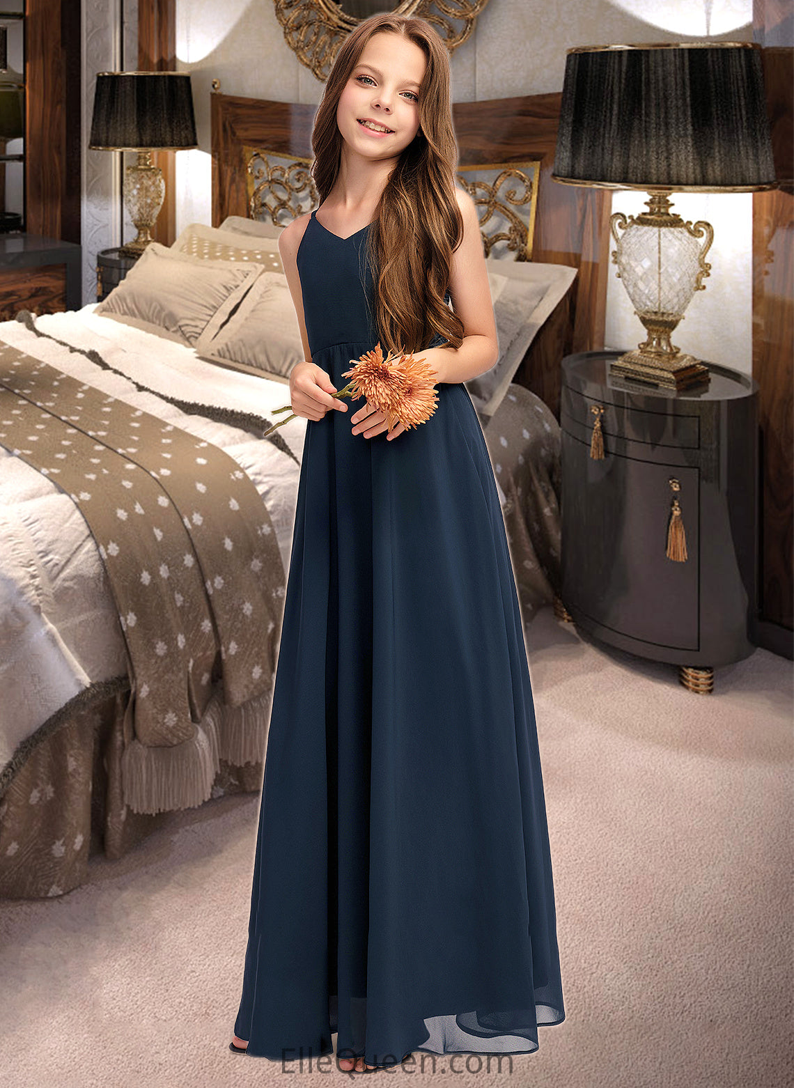 Hailie A-Line V-neck Floor-Length Chiffon Junior Bridesmaid Dress With Bow(s) DGP0013432