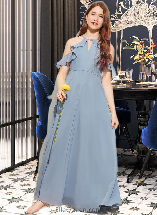 Livia A-Line Scoop Neck Floor-Length Chiffon Junior Bridesmaid Dress With Bow(s) Cascading Ruffles DGP0013433