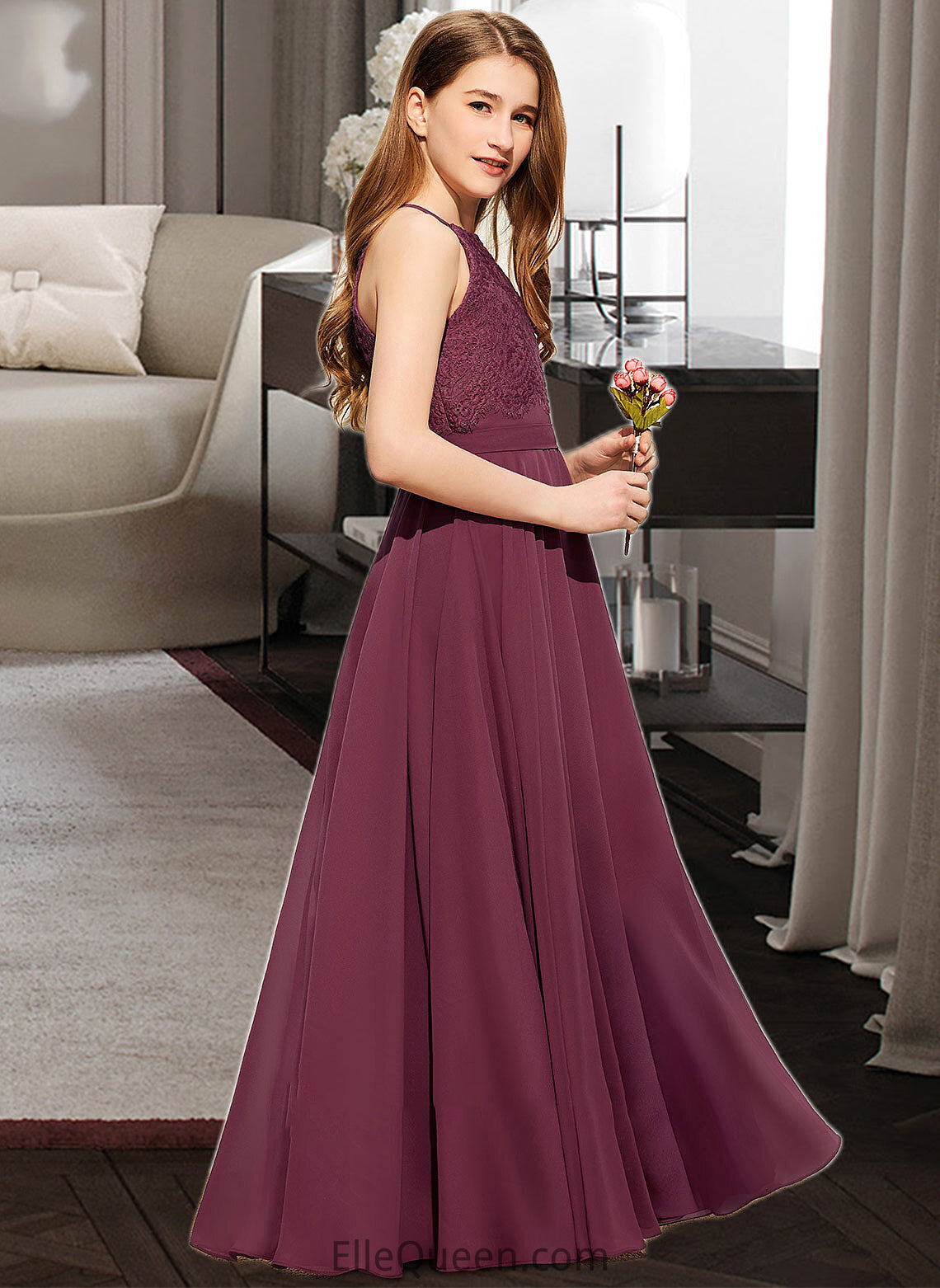 Susie A-Line Square Neckline Floor-Length Chiffon Lace Junior Bridesmaid Dress DGP0013434