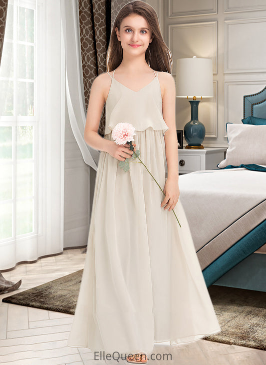 Jazmyn A-Line V-neck Floor-Length Chiffon Junior Bridesmaid Dress DGP0013435