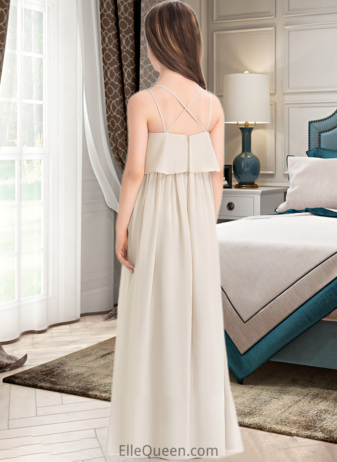 Jazmyn A-Line V-neck Floor-Length Chiffon Junior Bridesmaid Dress DGP0013435