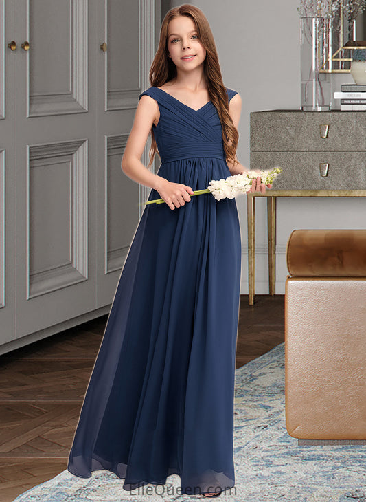 Rhoda A-Line Off-the-Shoulder Floor-Length Chiffon Junior Bridesmaid Dress With Ruffles DGP0013436