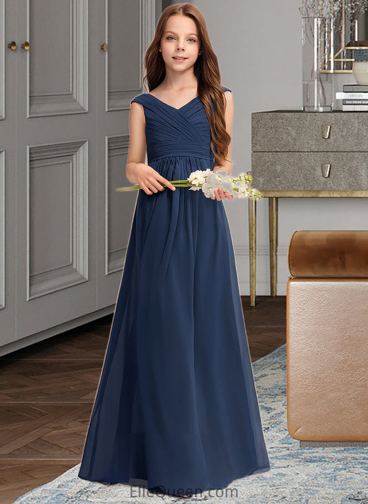 Rhoda A-Line Off-the-Shoulder Floor-Length Chiffon Junior Bridesmaid Dress With Ruffles DGP0013436