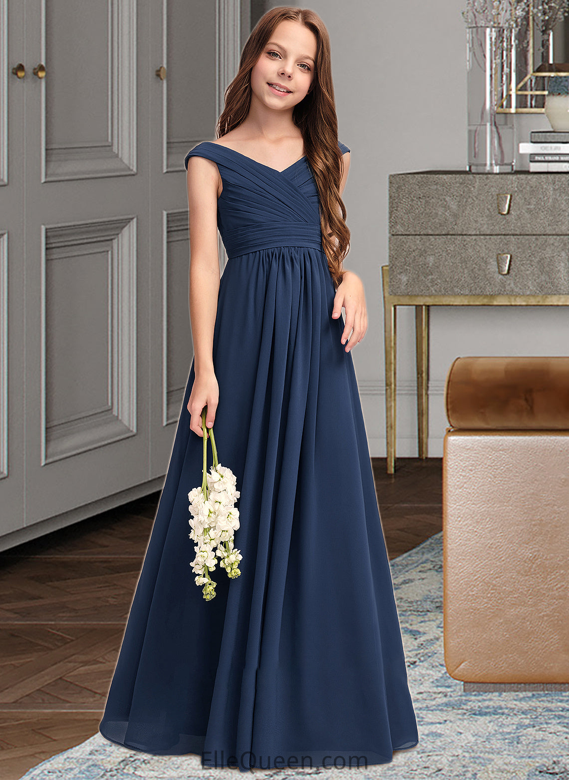 Rhoda A-Line Off-the-Shoulder Floor-Length Chiffon Junior Bridesmaid Dress With Ruffles DGP0013436