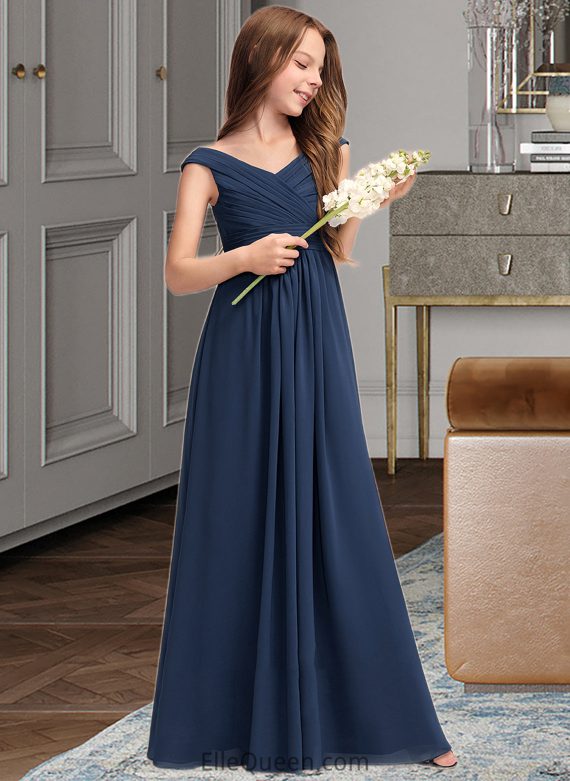 Rhoda A-Line Off-the-Shoulder Floor-Length Chiffon Junior Bridesmaid Dress With Ruffles DGP0013436