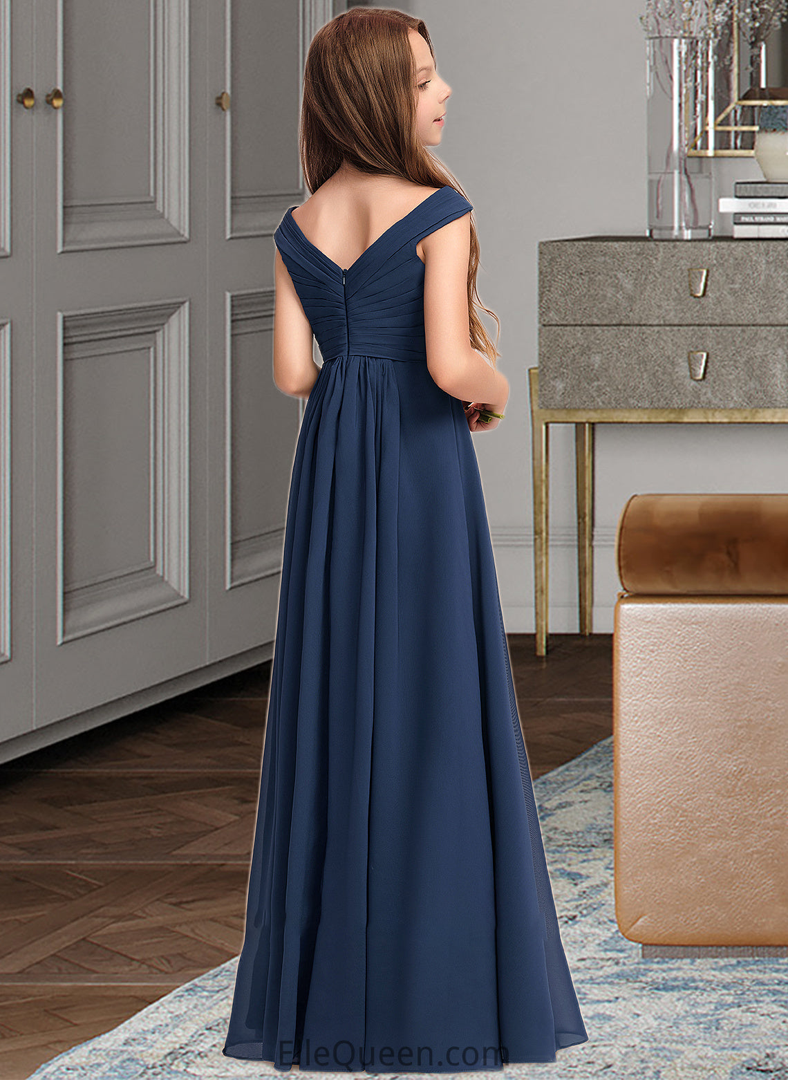 Rhoda A-Line Off-the-Shoulder Floor-Length Chiffon Junior Bridesmaid Dress With Ruffles DGP0013436