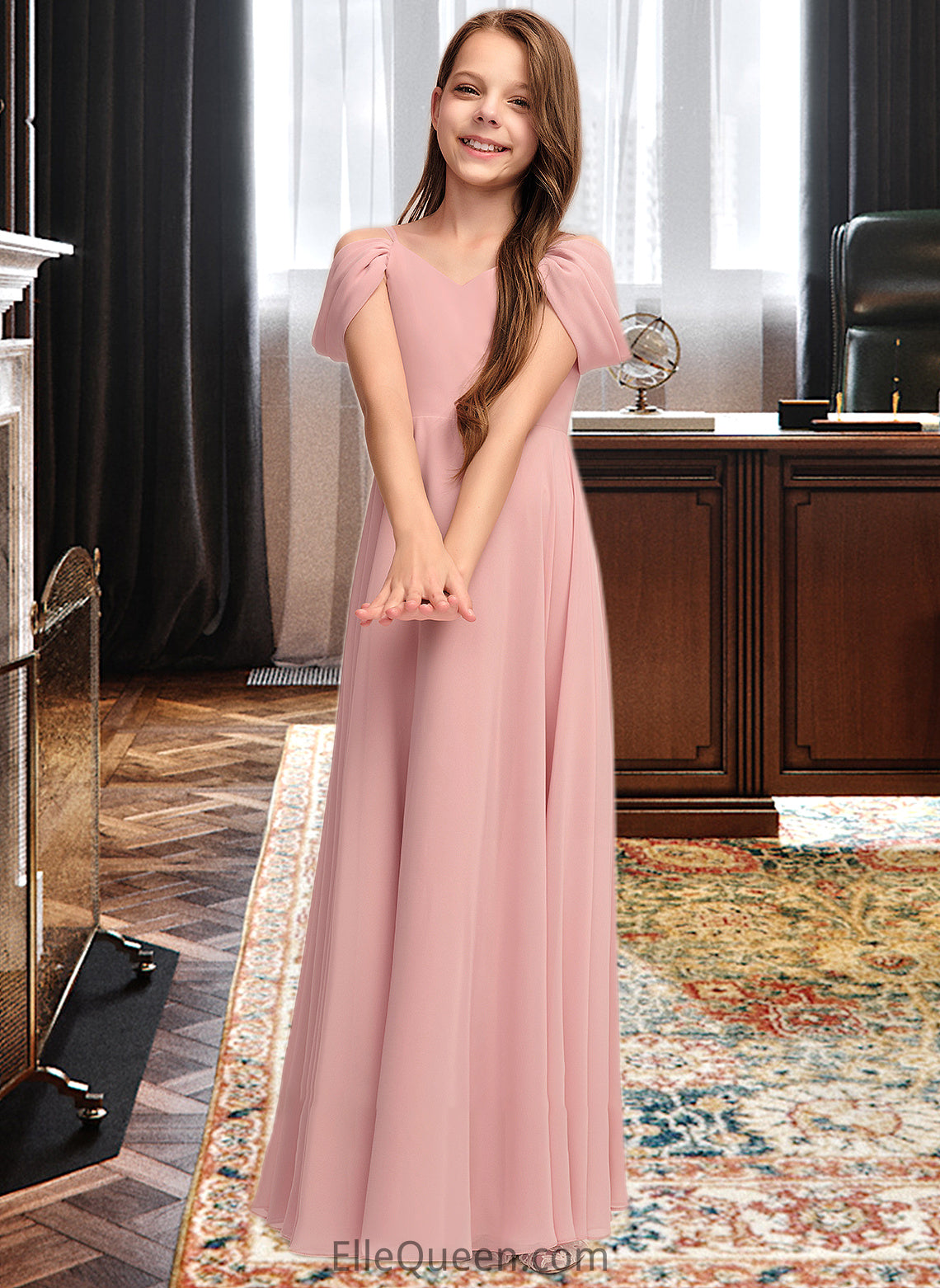 Hanna A-Line V-neck Floor-Length Chiffon Junior Bridesmaid Dress With Ruffle DGP0013437