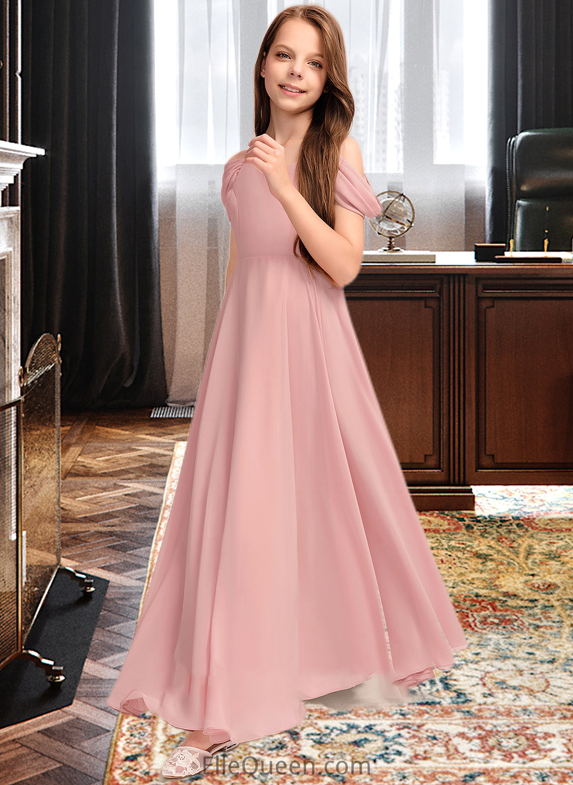 Hanna A-Line V-neck Floor-Length Chiffon Junior Bridesmaid Dress With Ruffle DGP0013437