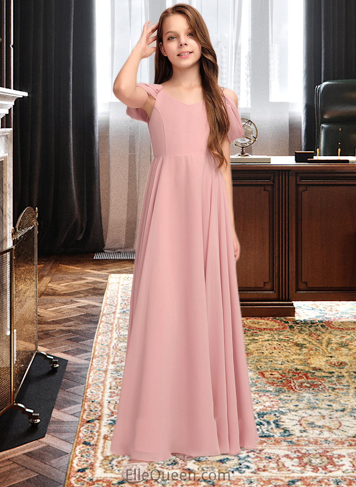 Hanna A-Line V-neck Floor-Length Chiffon Junior Bridesmaid Dress With Ruffle DGP0013437