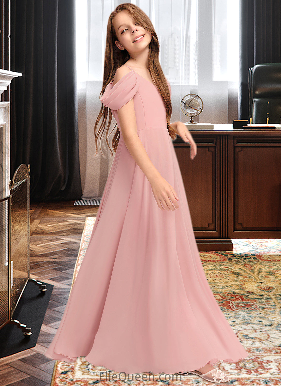 Hanna A-Line V-neck Floor-Length Chiffon Junior Bridesmaid Dress With Ruffle DGP0013437