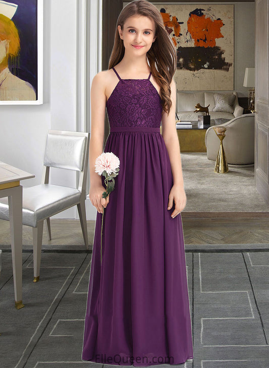 Karlie A-Line Square Neckline Floor-Length Chiffon Lace Junior Bridesmaid Dress With Bow(s) DGP0013438