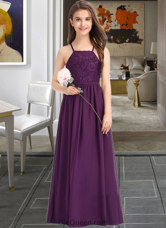 Karlie A-Line Square Neckline Floor-Length Chiffon Lace Junior Bridesmaid Dress With Bow(s) DGP0013438