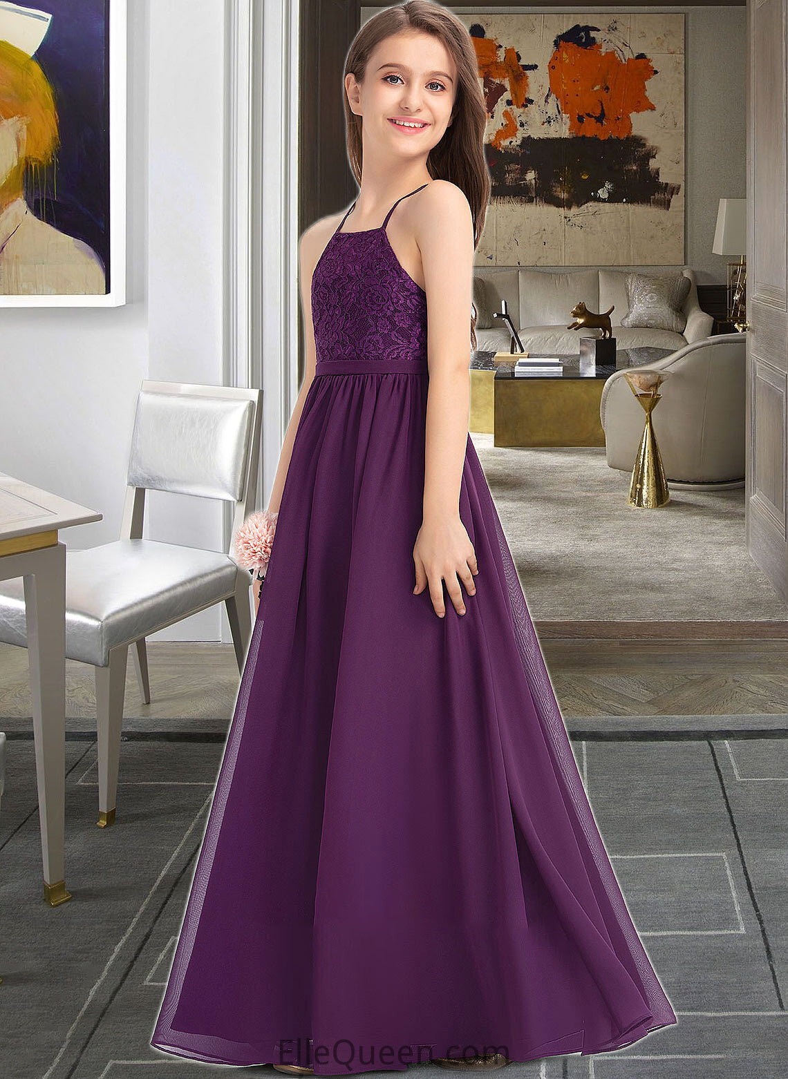 Karlie A-Line Square Neckline Floor-Length Chiffon Lace Junior Bridesmaid Dress With Bow(s) DGP0013438