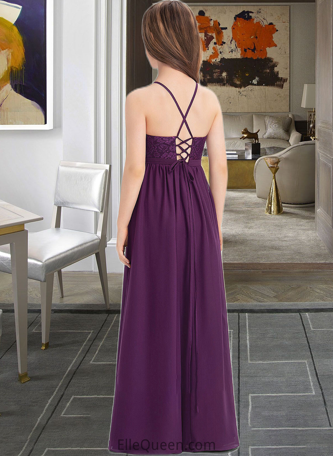 Karlie A-Line Square Neckline Floor-Length Chiffon Lace Junior Bridesmaid Dress With Bow(s) DGP0013438