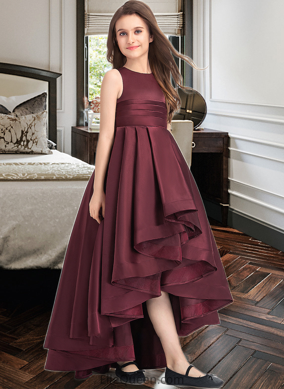 Tianna A-Line Scoop Neck Asymmetrical Satin Junior Bridesmaid Dress With Ruffle DGP0013439