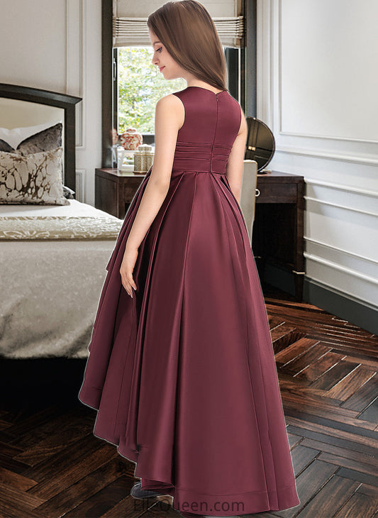 Tianna A-Line Scoop Neck Asymmetrical Satin Junior Bridesmaid Dress With Ruffle DGP0013439