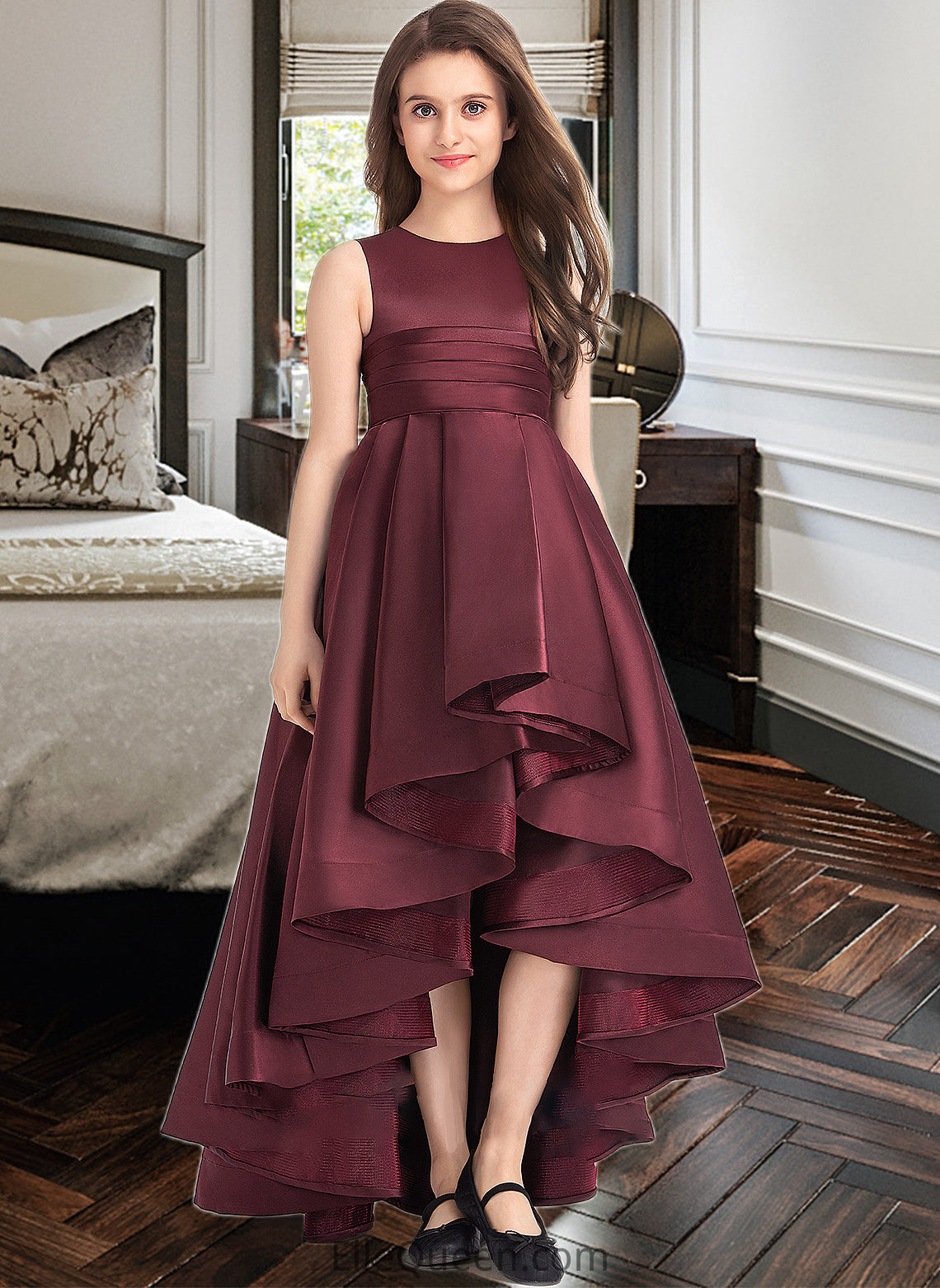 Tianna A-Line Scoop Neck Asymmetrical Satin Junior Bridesmaid Dress With Ruffle DGP0013439