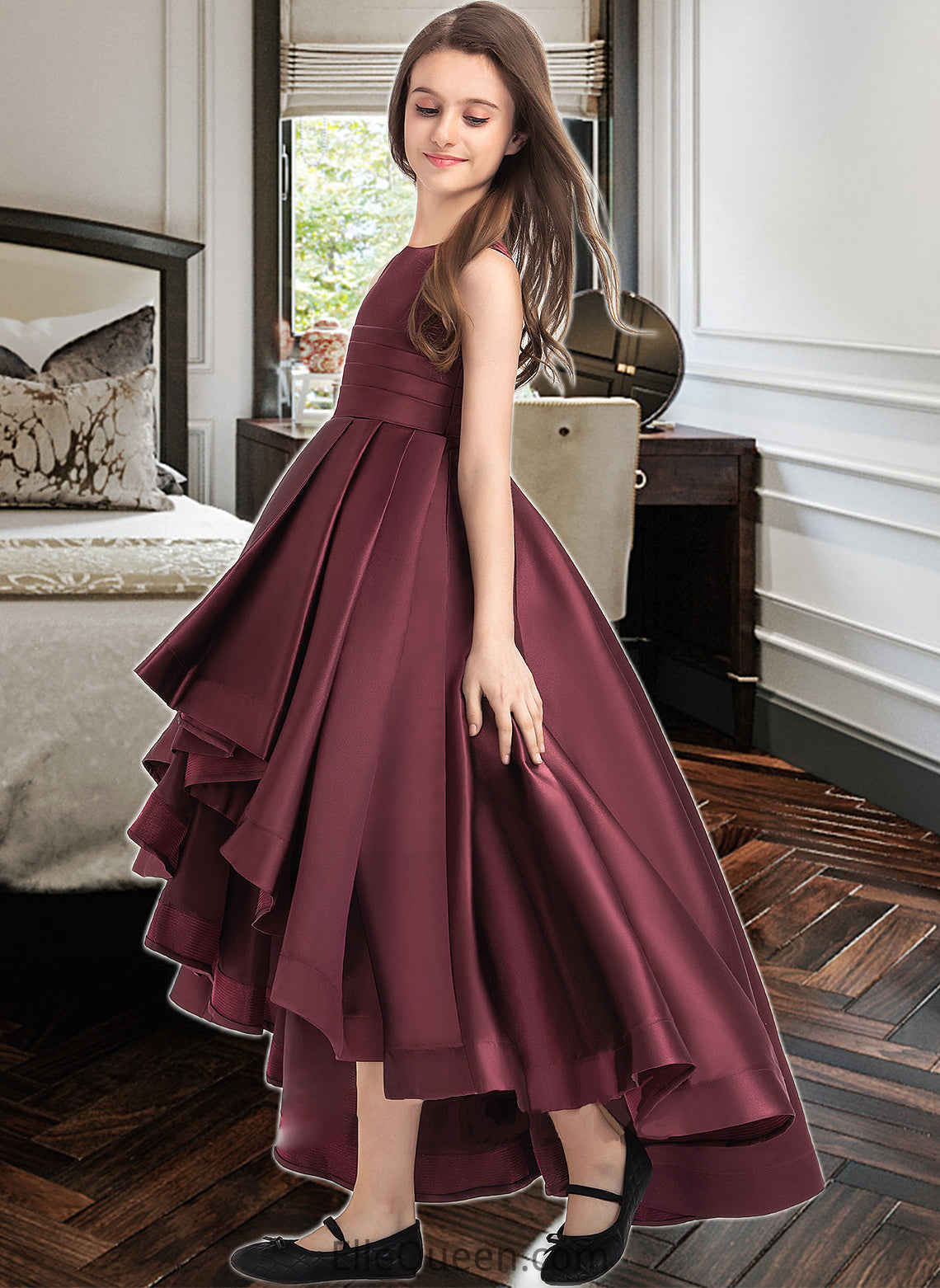 Tianna A-Line Scoop Neck Asymmetrical Satin Junior Bridesmaid Dress With Ruffle DGP0013439