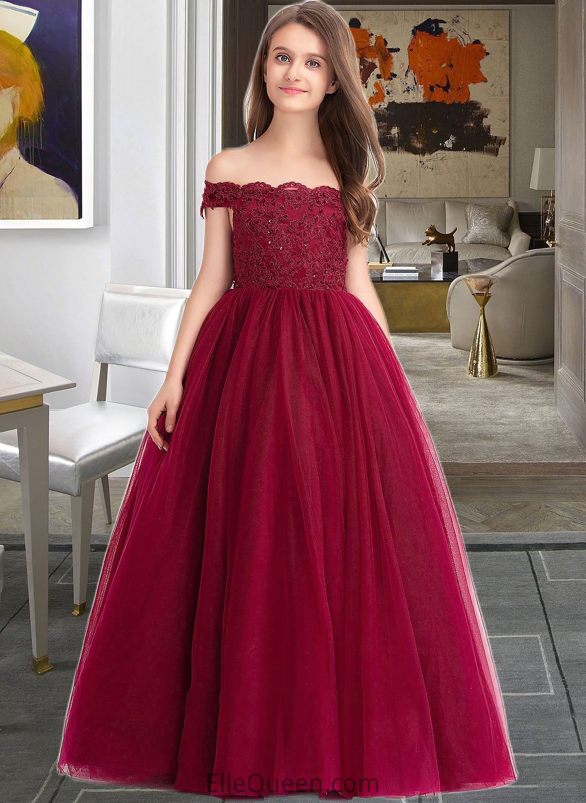 Jayden Ball-Gown/Princess Off-the-Shoulder Floor-Length Tulle Lace Junior Bridesmaid Dress With Beading Sequins DGP0013440