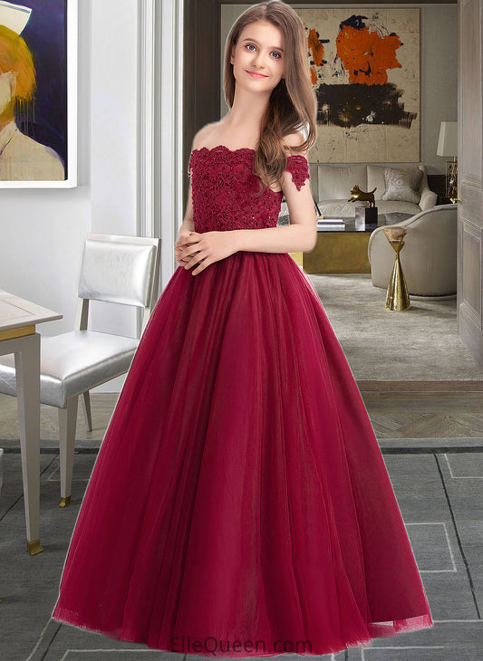 Jayden Ball-Gown/Princess Off-the-Shoulder Floor-Length Tulle Lace Junior Bridesmaid Dress With Beading Sequins DGP0013440