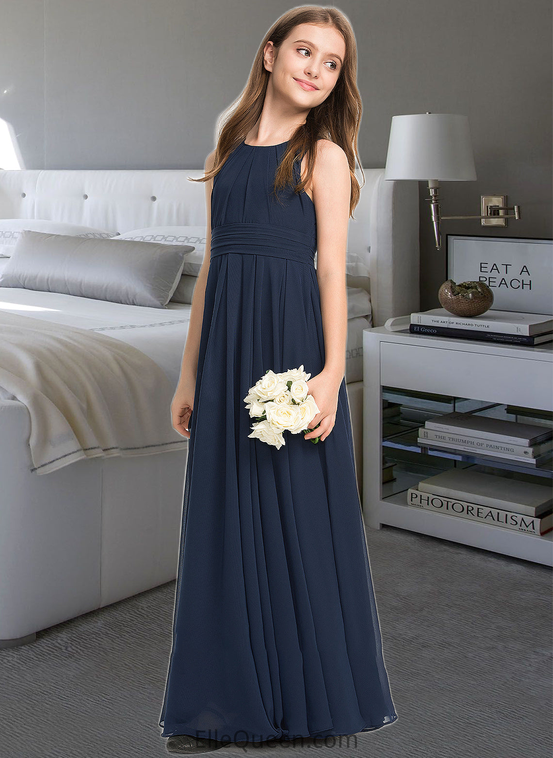 Michaelia A-Line Scoop Neck Floor-Length Chiffon Junior Bridesmaid Dress With Ruffle DGP0013441