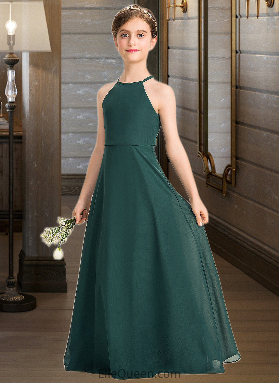 Jemima A-Line Scoop Neck Floor-Length Chiffon Junior Bridesmaid Dress DGP0013442