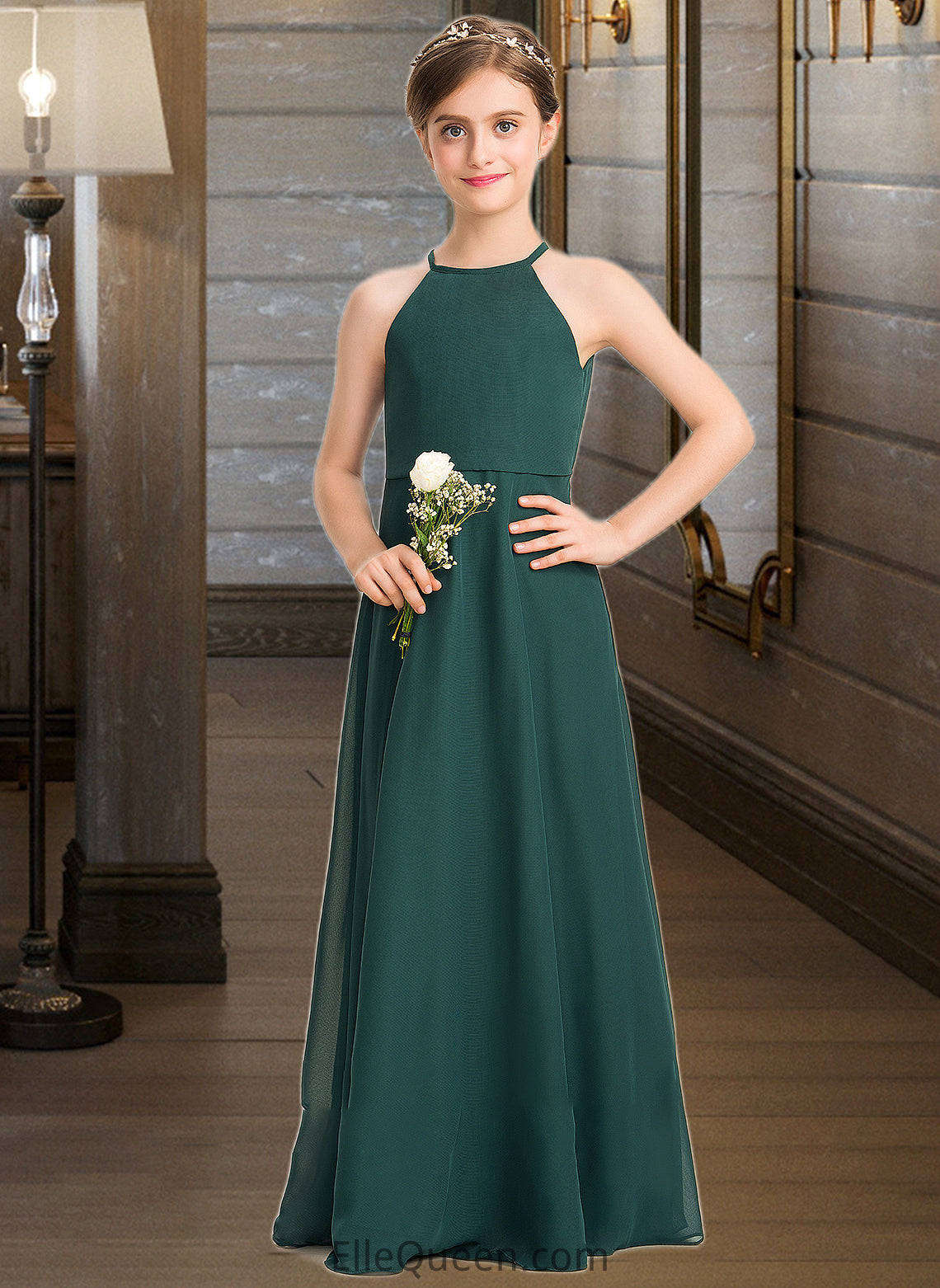 Jemima A-Line Scoop Neck Floor-Length Chiffon Junior Bridesmaid Dress DGP0013442